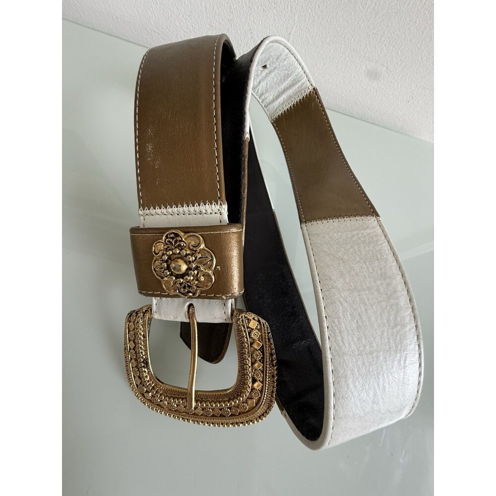 Vintage Women’s Wide Genuine Leather Belt Bronze White Ornate Gold Buckle Boho
